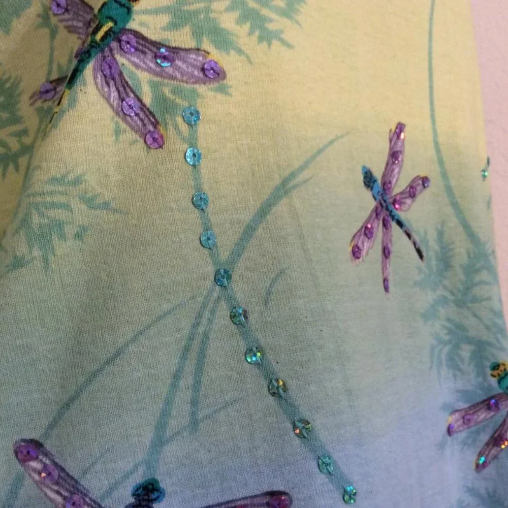 NWOT Dragonfly print 100% cotton top long sleeves pastels sequins Women Size XL - Picture 5 of 7